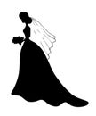Black silhouette of young girl in wedding long dress with train standing with veil and with bouquet